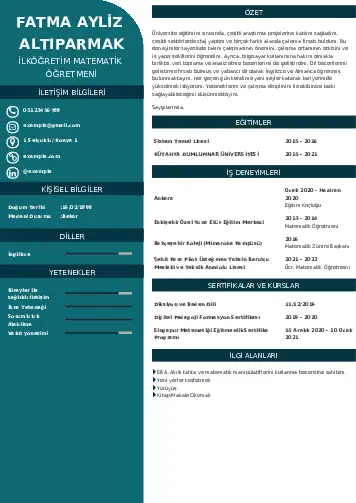 Matematik Öğretmeni Cv Örnekleri cv indir